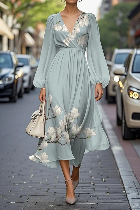 Floral series pattern 3D printing series casual women's V long dress m302129