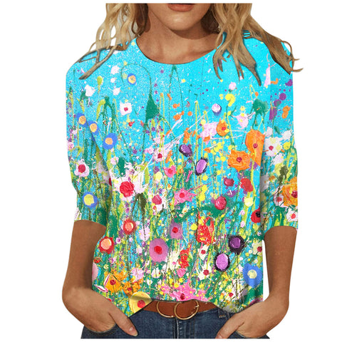 Women's Clothing round Neck 3/4 Sleeves Loose Print T-shirt M300227