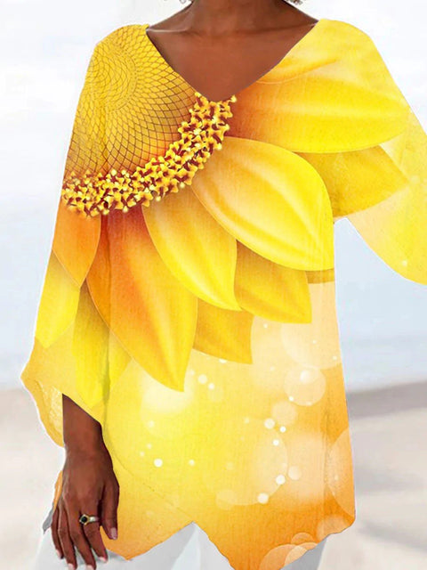 Women's printed animal natural scenery V-neck nine-quarter sleeve loose T-shirt m301289