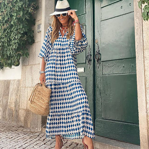 Geometric print bubble sleeve dress street fried street skirt m300902