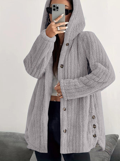 Autumn and winter women's clothing solid color long-sleeved hooded loose plush jacket women's m301910