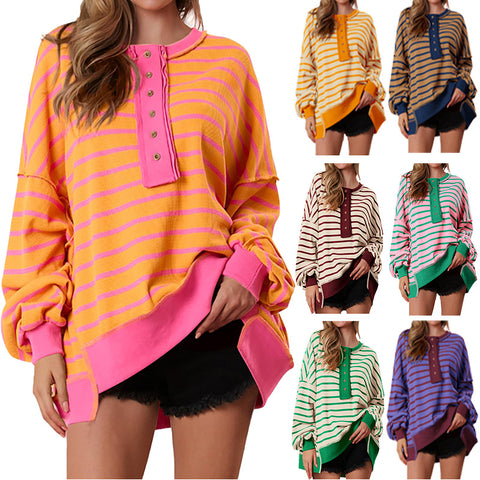 V-neck contrasting stripes loose long-sleeved women's t-shirt top FF303304