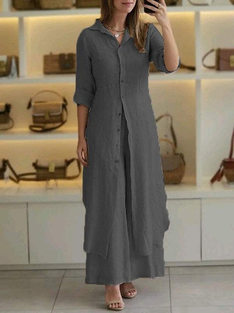 Elegant cotton and linen slim-fitting waist long-sleeved shirt wide-leg pants set m301063