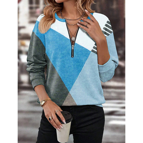 Autumn and winter color matching loose zipper long-sleeved V-neck sweater m300608