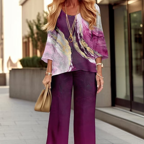 Long Sleeve Set Crew Neck Linen Printed Shirt Set m301254