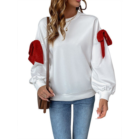 Crew neck long cuff bow sweater women m300822