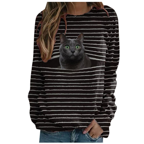 Cat print casual long-sleeved T-shirt striped top m300513