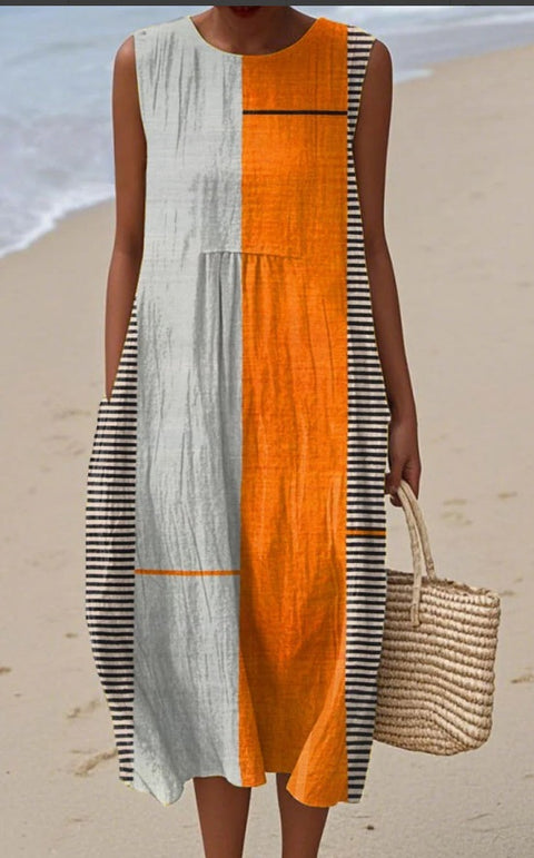 Summer sleeveless pocket casual print temperament long dress dress m302454
