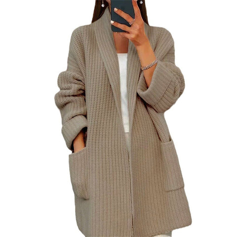 Autumn and winter new women's thickened solid color V-neck knitted cardigan loose pocket sweater jacket m300471