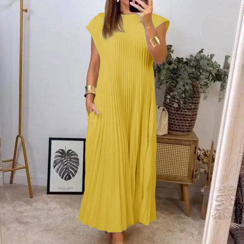 Fashion round neck sleeveless pleated dress m301308