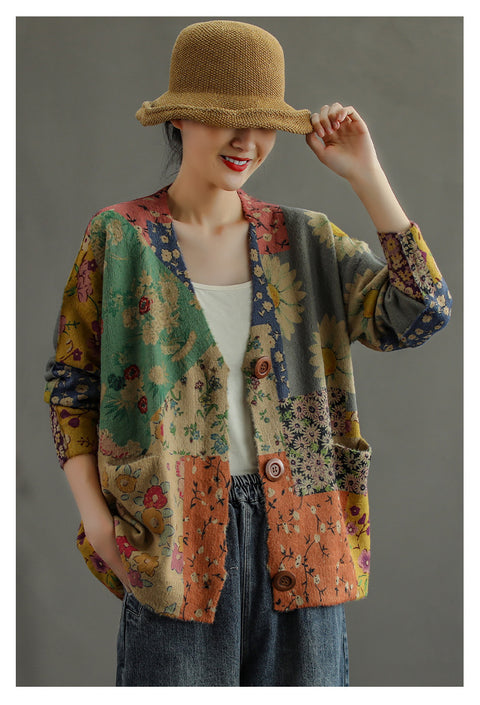 Ethnic style printed imitation mink velvet knitted cardigan women's autumn new retro loose sweater jacket m301711