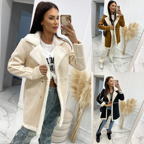 Solid color thickened lamb wool splicing coat jacket m300683