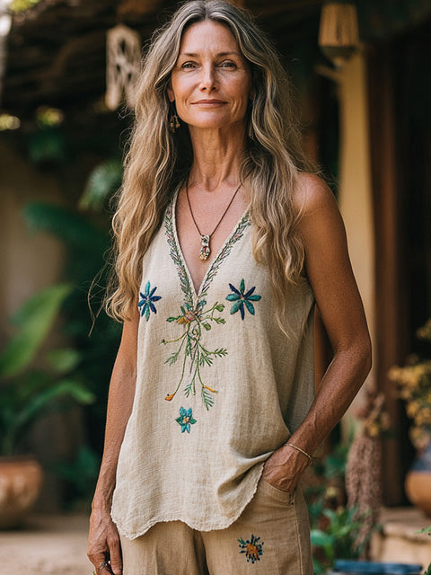 Plant flower print V-neck ethnic tribal vest top m301533