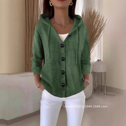 Autumn and winter new black buckle hooded rope cardigan women's pure leisure fashion sweater m302119