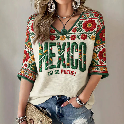 Down shoulder V-neck seven-quarter sleeve 3D printed women's top T-shirt m302844