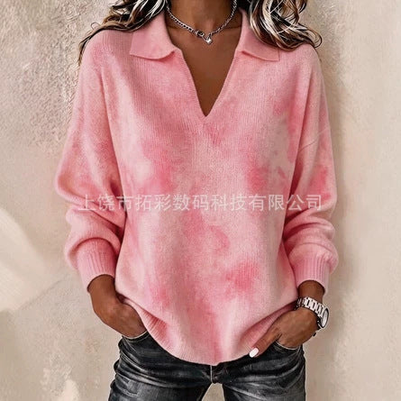 Digital Printed Women's Christmas Lapel Long Sleeve Solid Color Knitted Fleece Sweater FF303269