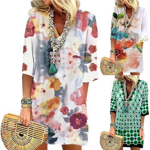 Medium sleeve watercolor small flower print pocket dress m300739