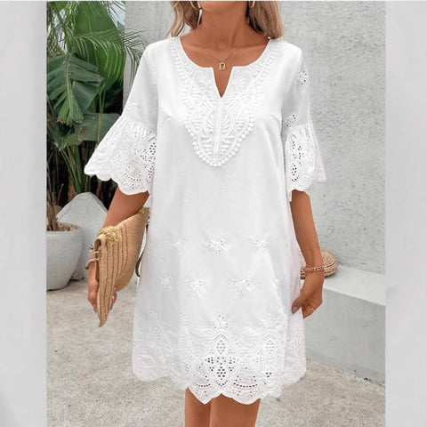 Hollow embroidery fashion casual lace v-neck five-quarter sleeve dress m301469