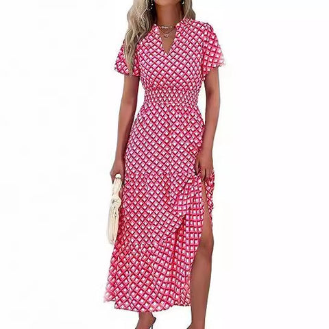 V-Ausschnitt, Plissiert, bedrucktes Kurzarmkleid m300104 