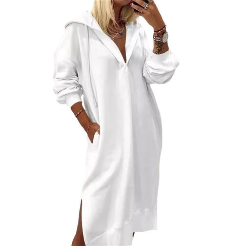 Long pullover sweater solid color split hem hooded knitted long dress women's m301595