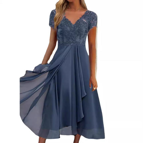 Chiffon splicing v-neck lace hollow dress m301252