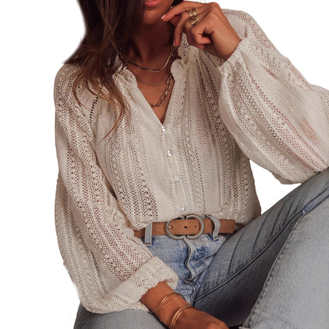 Solid color hollow loose long-sleeved top simple wind single row multi-button lining m301331