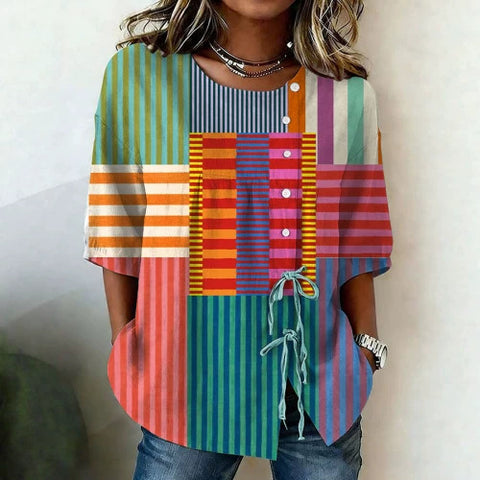 Color matching loose blouse five-button drawstring m302924