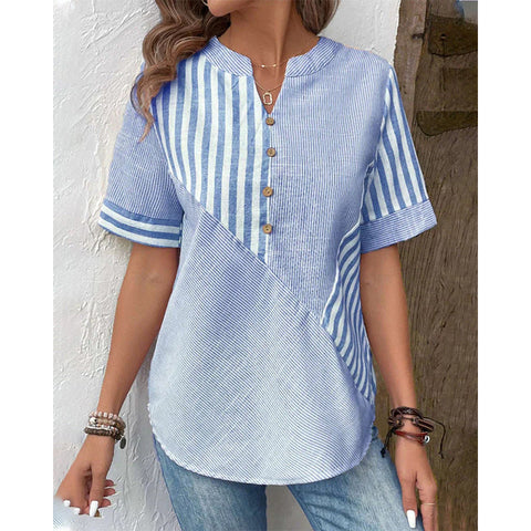 Women's open V-neck shirt asymmetrical striped splicing cotton and linen top m302709