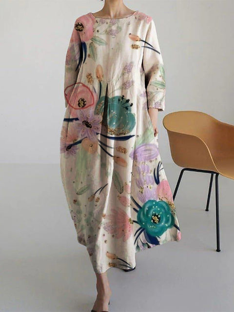 Lockeres, modisches Premium-Kleid mit Rundhalsausschnitt und langen Ärmeln und Aufdruck m301044