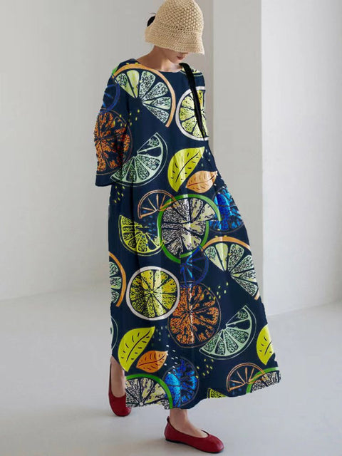 Lockeres, modisches Premium-Kleid mit Rundhalsausschnitt und langen Ärmeln und Aufdruck m301044