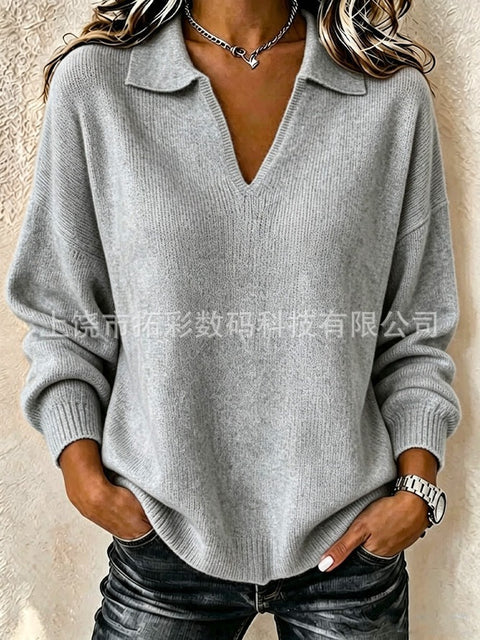 Digital Printed Women's Christmas Lapel Long Sleeve Solid Color Knitted Fleece Sweater FF303269