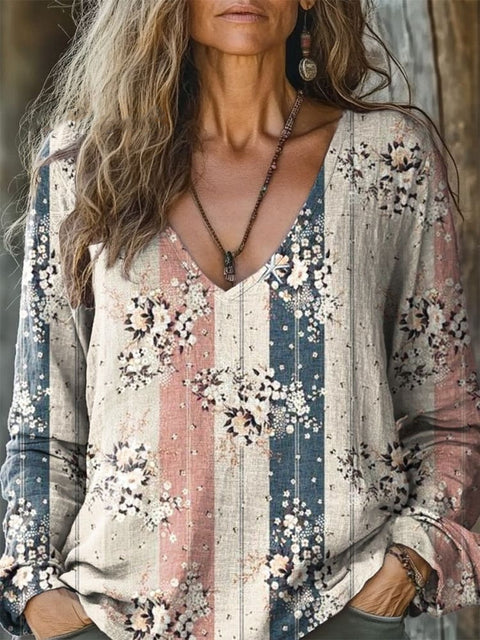 Casual V-Neck Long Sleeve Pullover Digital Printing Women's Upper T-Shirt m303120