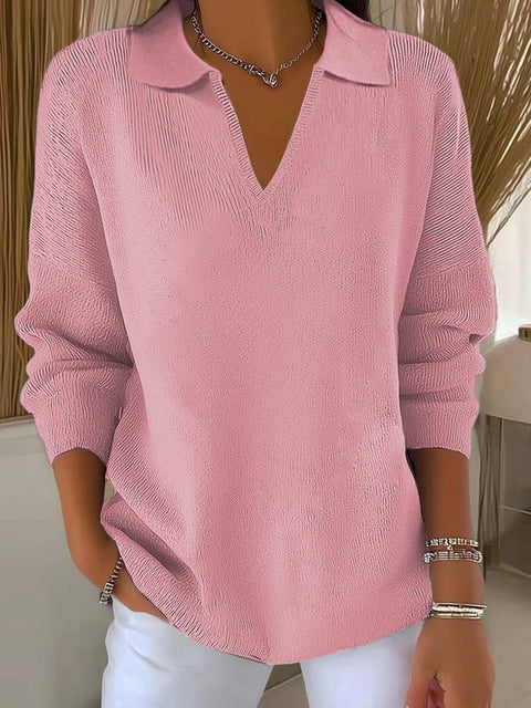 Digital printing women's lapel neck long-sleeved solid color knitted fleece sweater m302076