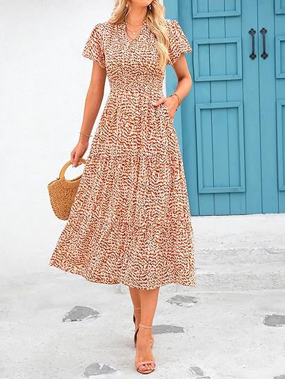 V-Ausschnitt, Plissiert, bedrucktes Kurzarmkleid m300104 