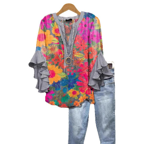 Kreativer Digitaldruck mit Blumenelementdruck, lässiger Trend, V-Ausschnitt, Lotuskante, T-Shirt m301358 