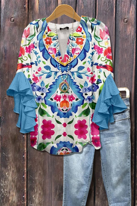 Kreativer Digitaldruck mit Blumenelementdruck, lässiger Trend, V-Ausschnitt, Lotuskante, T-Shirt m301358 
