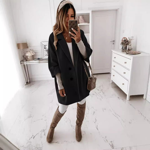 Seven-quarter sleeve button lapel pocket woolen jacket m300545