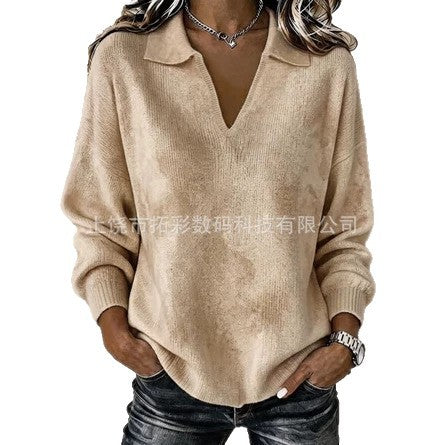Digital Printed Women's Christmas Lapel Long Sleeve Solid Color Knitted Fleece Sweater FF303269