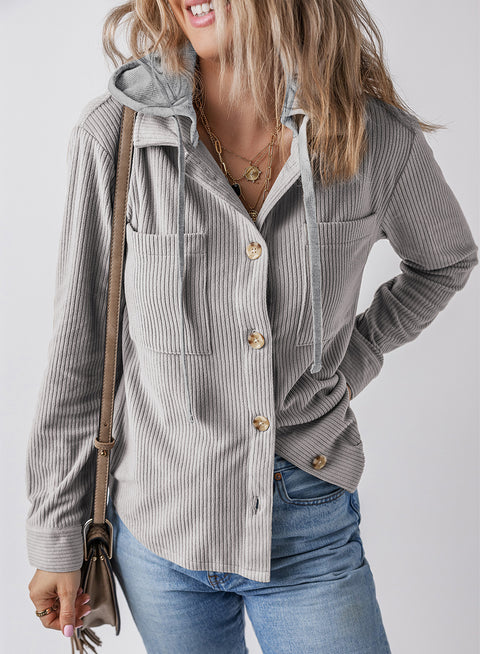 Lapel buckle cardigan purse hooded pull rope striped jacket women m301008