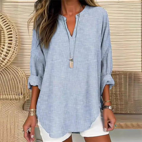 Small V-neck button-down shoulder long-sleeved women's T curved hem clothes m301361
