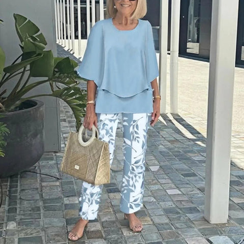 Casual round neck medium sleeve top printed flower pants set two-piece set m301465