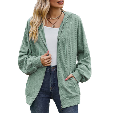 Solid color pocket long sleeve loose hooded sweater women's jacket m300392