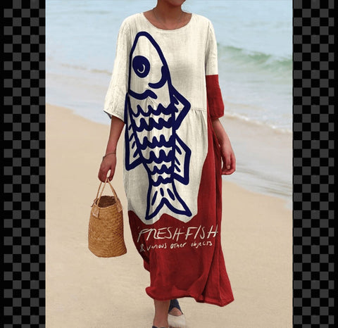 Robe longue à col ras du cou pour femme, imprimée, décontractée, tendance, m301059
