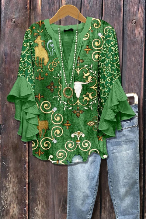 Kreativer Digitaldruck mit Blumenelementdruck, lässiger Trend, V-Ausschnitt, Lotuskante, T-Shirt m301358 
