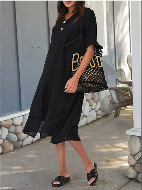 Woven cotton and linen double-layer split V-neck literary dress m301247