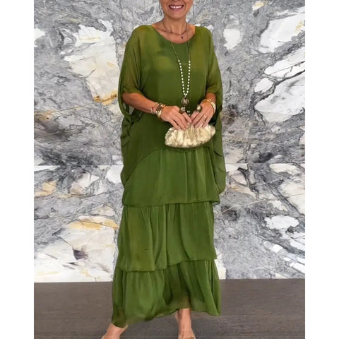 Fashion women's temperament round neck bat sleeve long dress m301334
