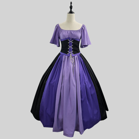 Medieval retro contrasting color slim-fit skirt flying sleeve big swing skirt m301546