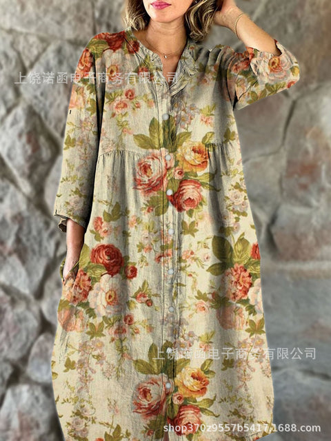 Women's Loose Crew Neck Fashion Premium Long Sleeve Printed Shirt Dress m301050