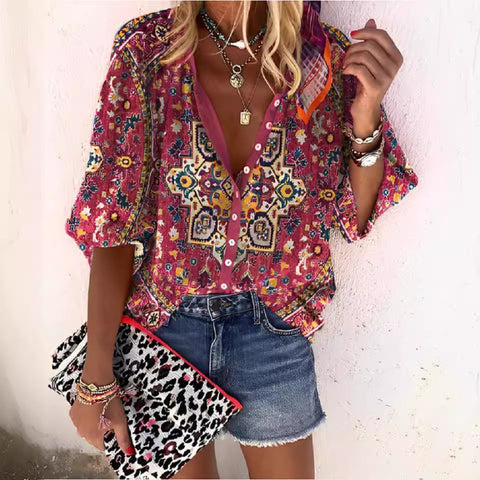 women's clothing stand-up collar loose button retro printed casual shirt m301723
