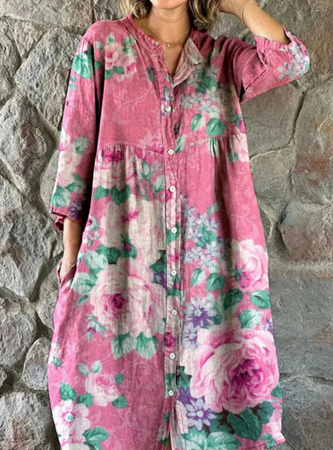 Women's Loose Crew Neck Fashion Premium Long Sleeve Printed Shirt Dress m301050